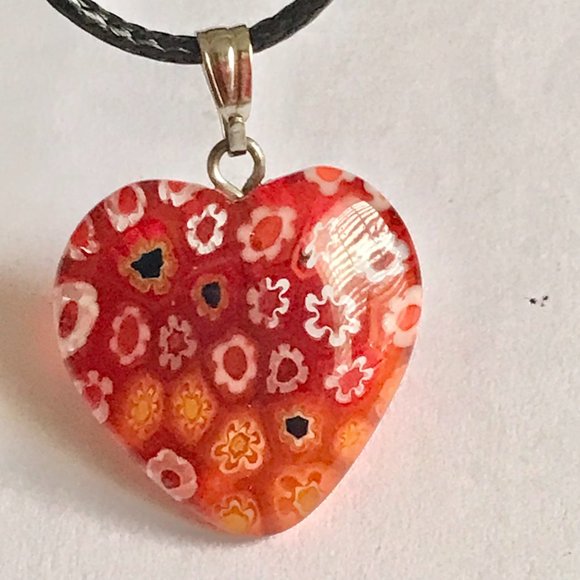 Orange Murano Glass Heart Necklace Millefiori Flowers Vintage Black Cord 18" - Picture 5 of 12